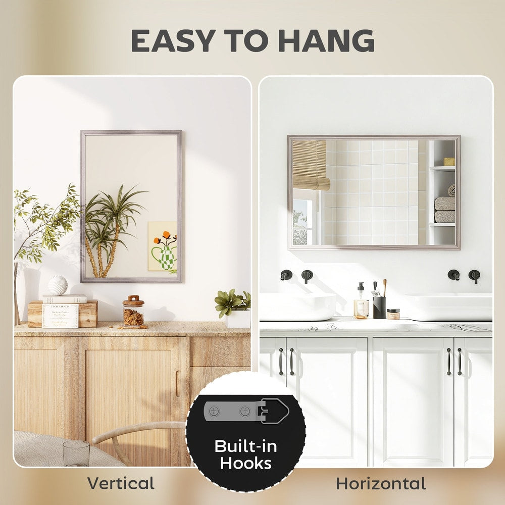 The wall mirror can be hung vertically or horizontally with built-in hooks