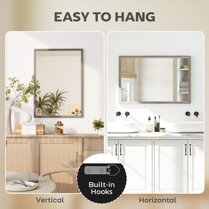 The wall mirror can be hung vertically or horizontally using built-in hooks