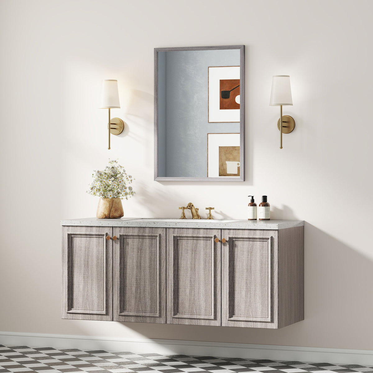 The wall mirror is mounted above a grey vanity unit in a bathroom setting
