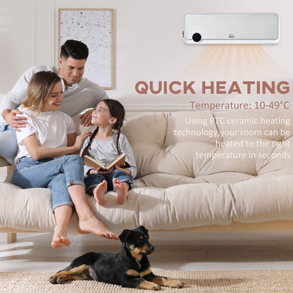 The electric space heater mounted on a wall above a family sitting on a sofa in a living room