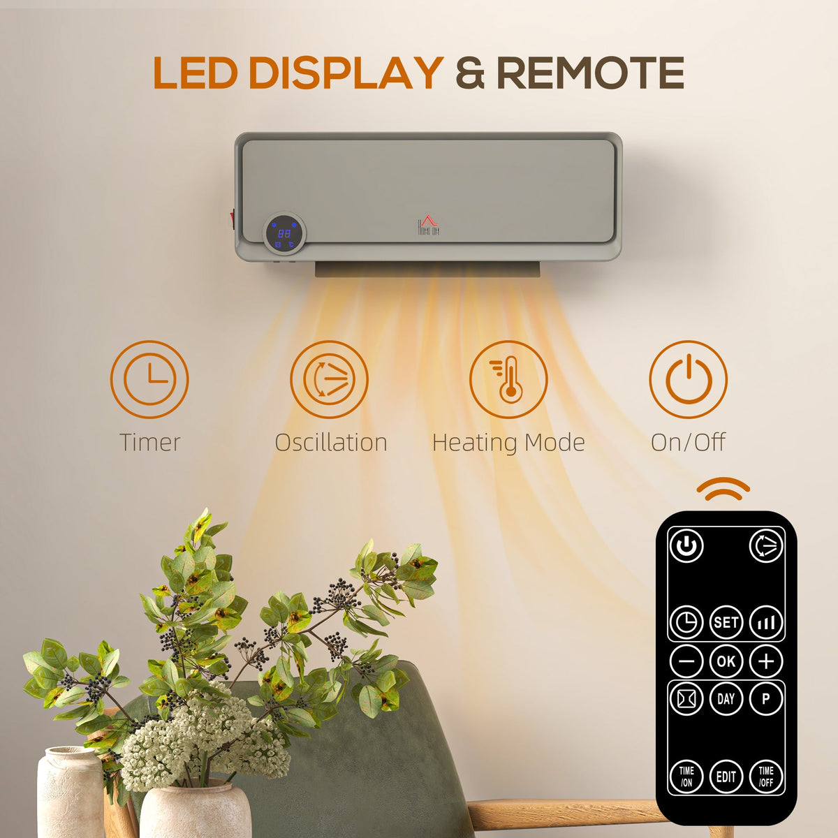 Close up of the electric space heater showing LED display and remote control features