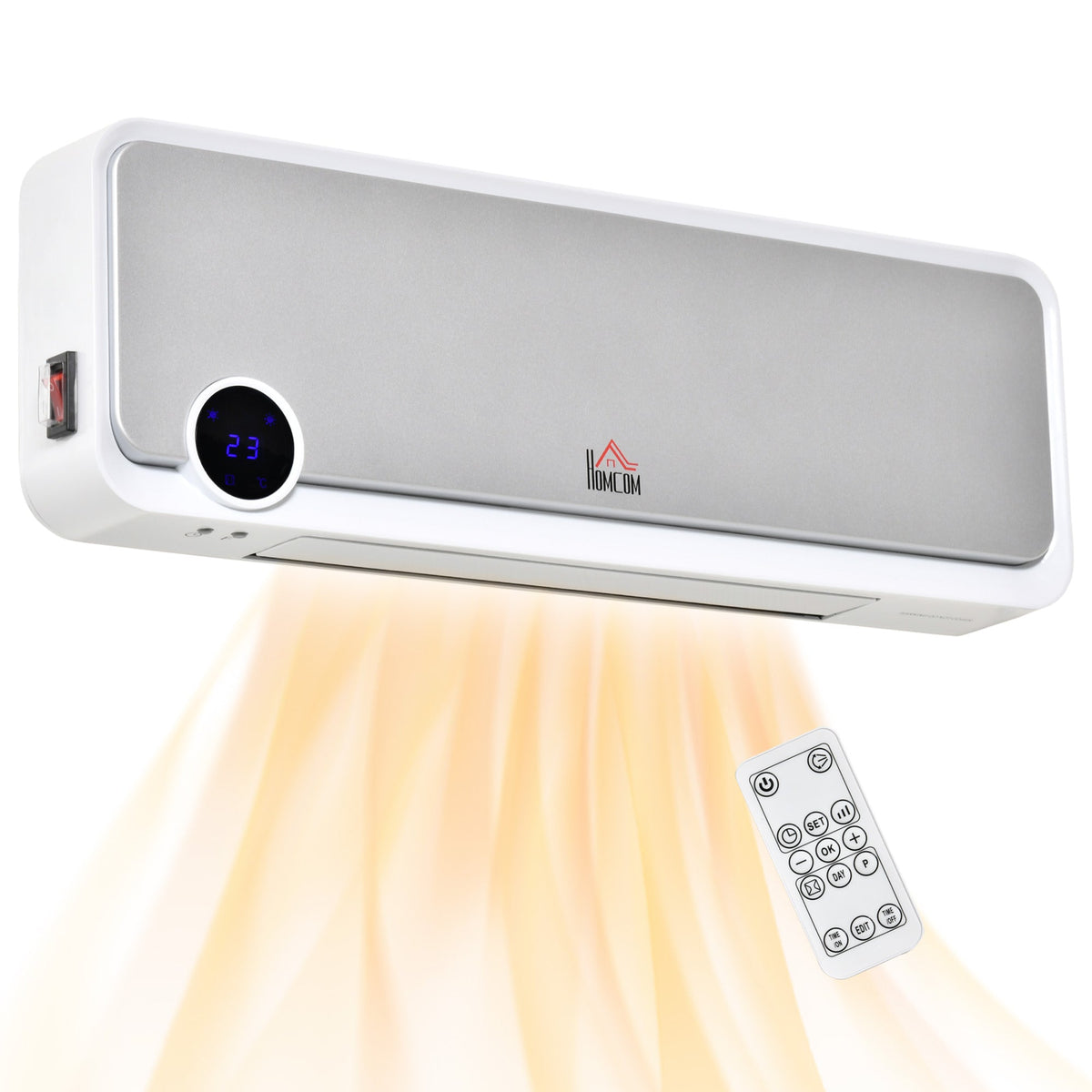 HOMCOM Wall Downflow Heater 2 Heat and Fan 1000W/2000W shown with its remote control and warm airflow