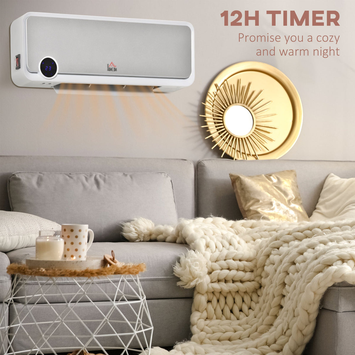 The wall downflow heater mounted on a wall above a sofa, emitting warm air with a timer graphic