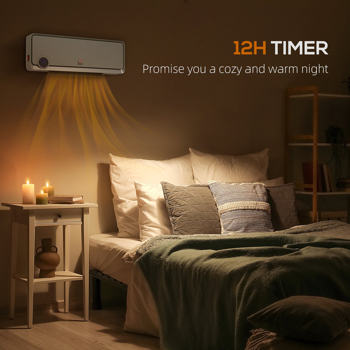 The electric space heater in a bedroom at night, providing warmth