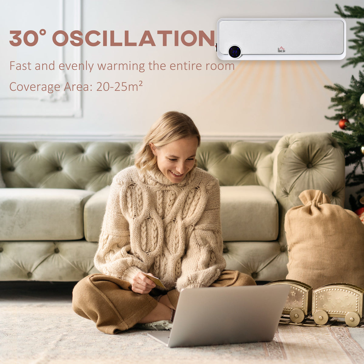 The electric space heater mounted on a wall with text explaining the oscillation feature