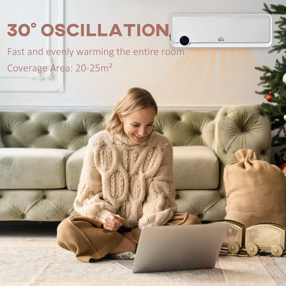 The electric space heater mounted on a wall with text explaining the oscillation feature