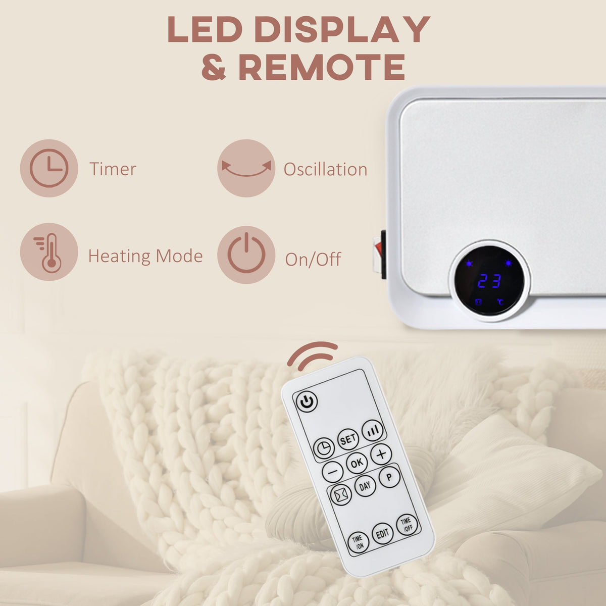 Close-up of the electric space heater remote control and the digital display showing temperature