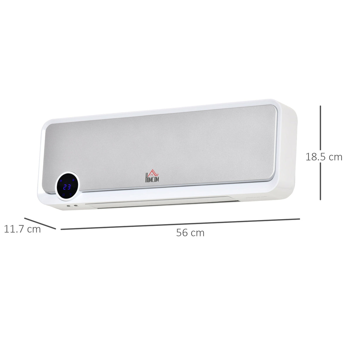 The wall heater with dimension lines showing its height, width and depth on a plain background