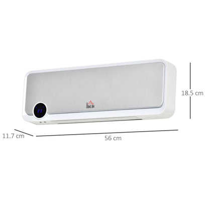The wall heater with dimension lines showing its height, width and depth on a plain background