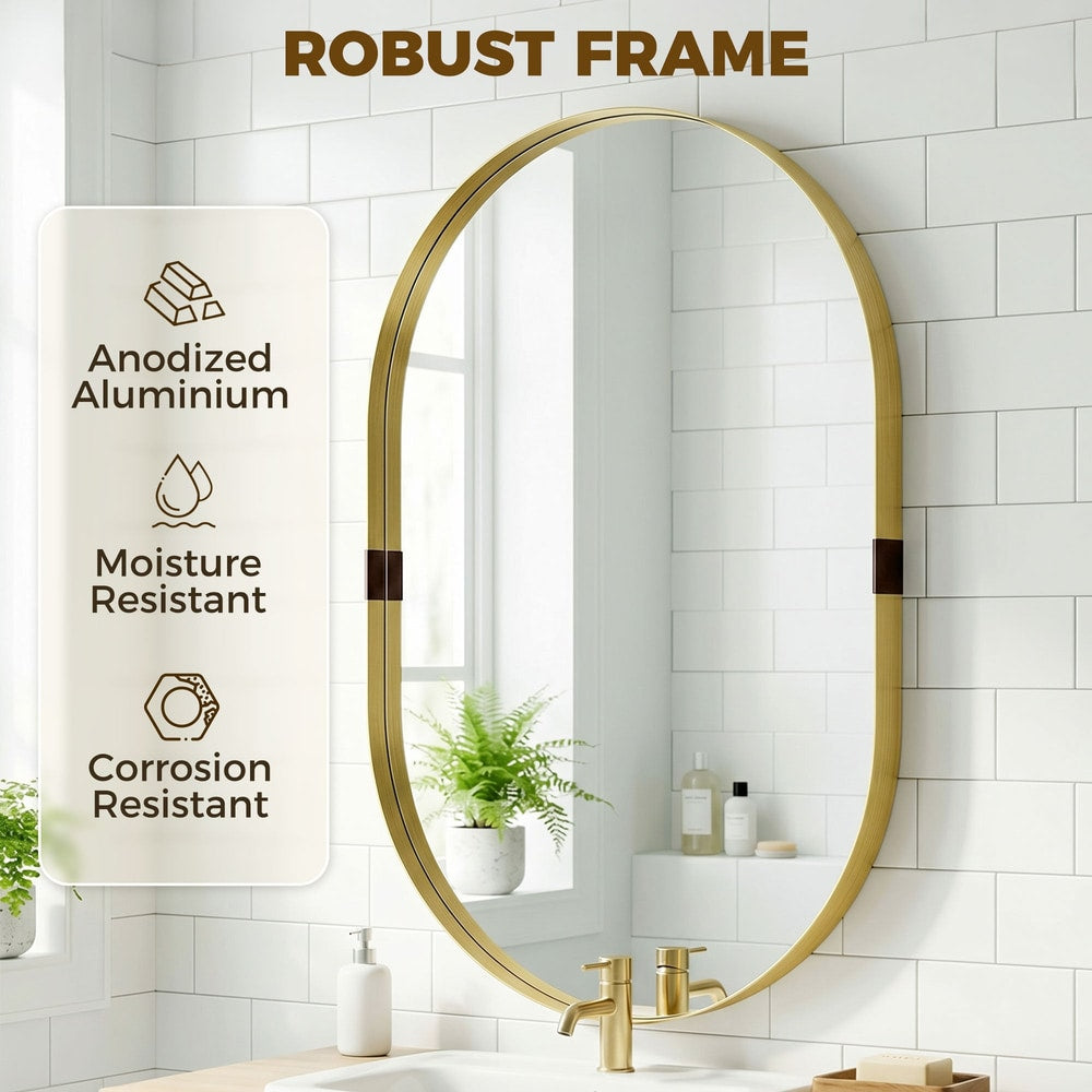 The wall mirror with text ROBUST FRAME and anodized aluminium