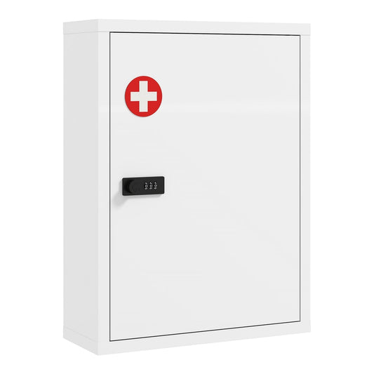 HOMCOM Wall Mount Medicine Cabinet in white with a red cross symbol and a black combination lock