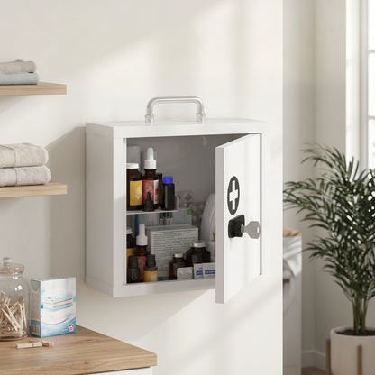 The bathroom cabinet mounted on a wall with the door open and filled with various medicine bottles