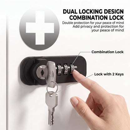 A close up of the dual locking mechanism showing the combination dials and the inserted key
