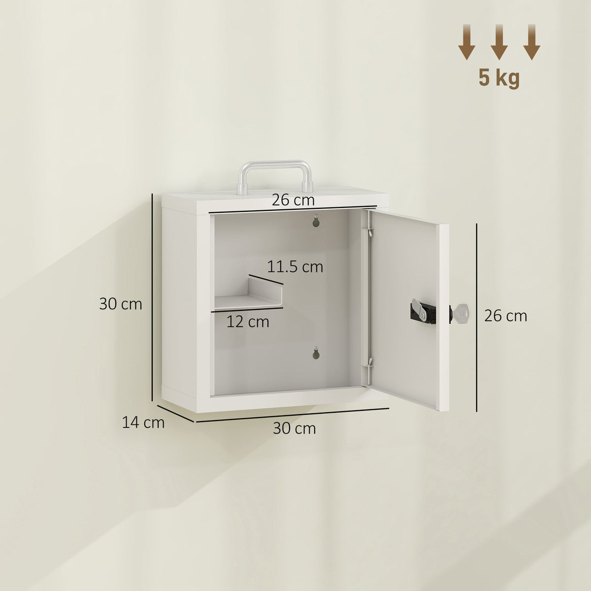 The first aid cabinet showing internal dimensions and weight capacity on a plain background