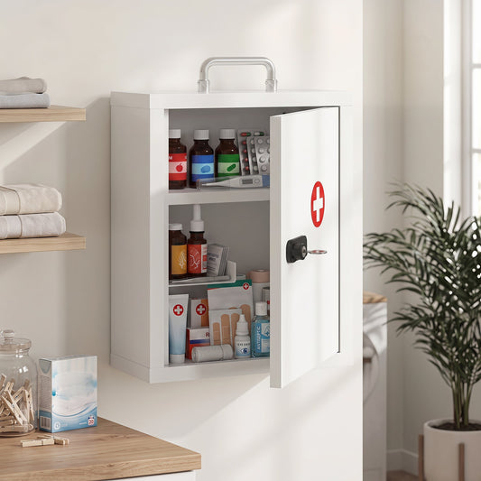 The wall mounted medicine cabinet is open and filled with various medical supplies and bottles