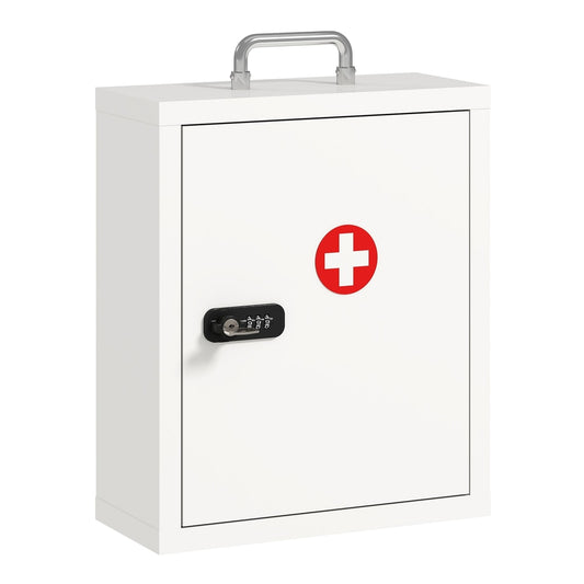 HOMCOM Wall Mount Medicine Cabinet with a white steel body and a red cross emblem