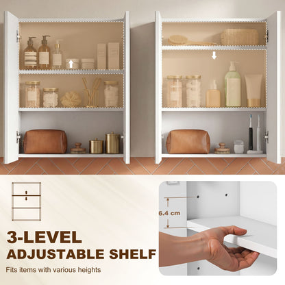 The bathroom mirror demonstrating how the internal shelf height can be adjusted by hand