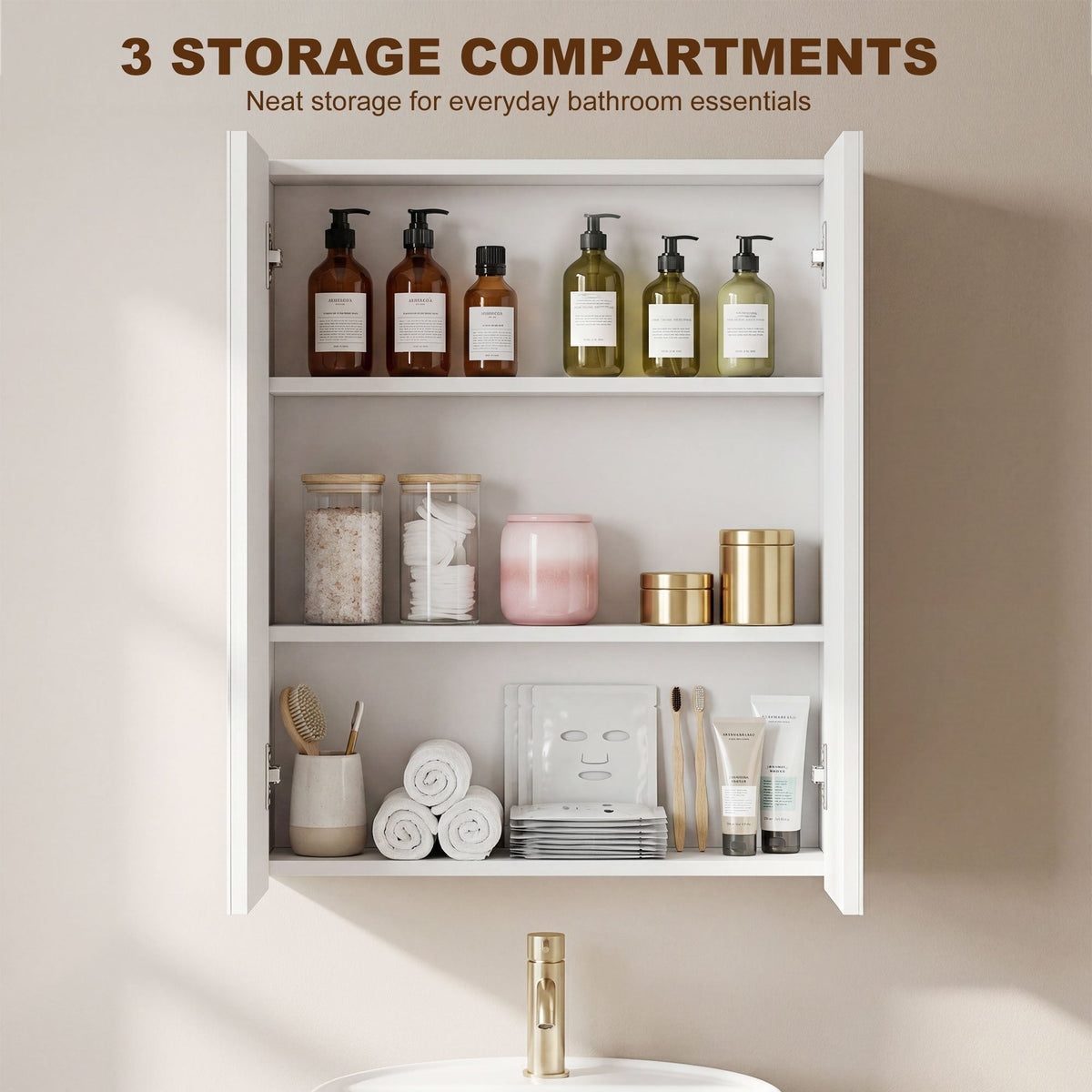 The bathroom mirror with both doors open revealing three shelves filled with toiletries