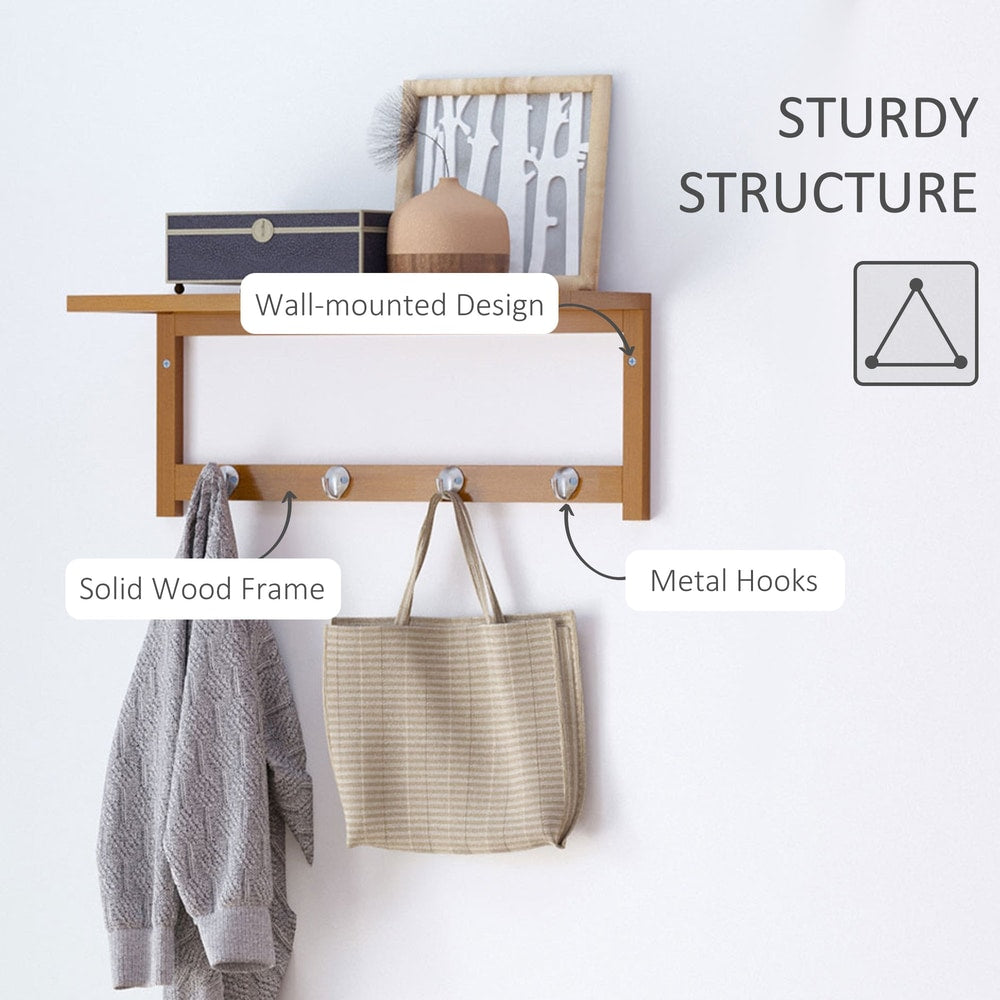The coat rack with text labels pointing to the solid wood frame and the metal hooks