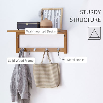 The coat rack with text labels pointing to the solid wood frame and the metal hooks