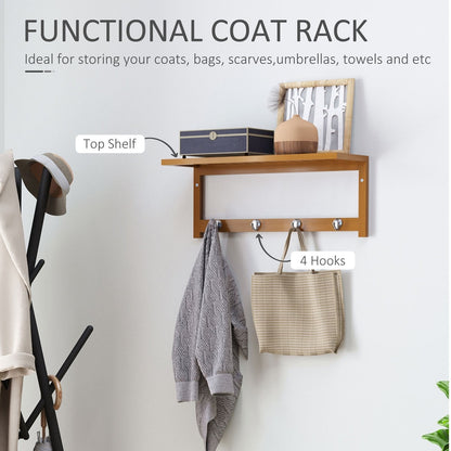 The coat rack with text labels highlighting the top shelf and the four metal hooks