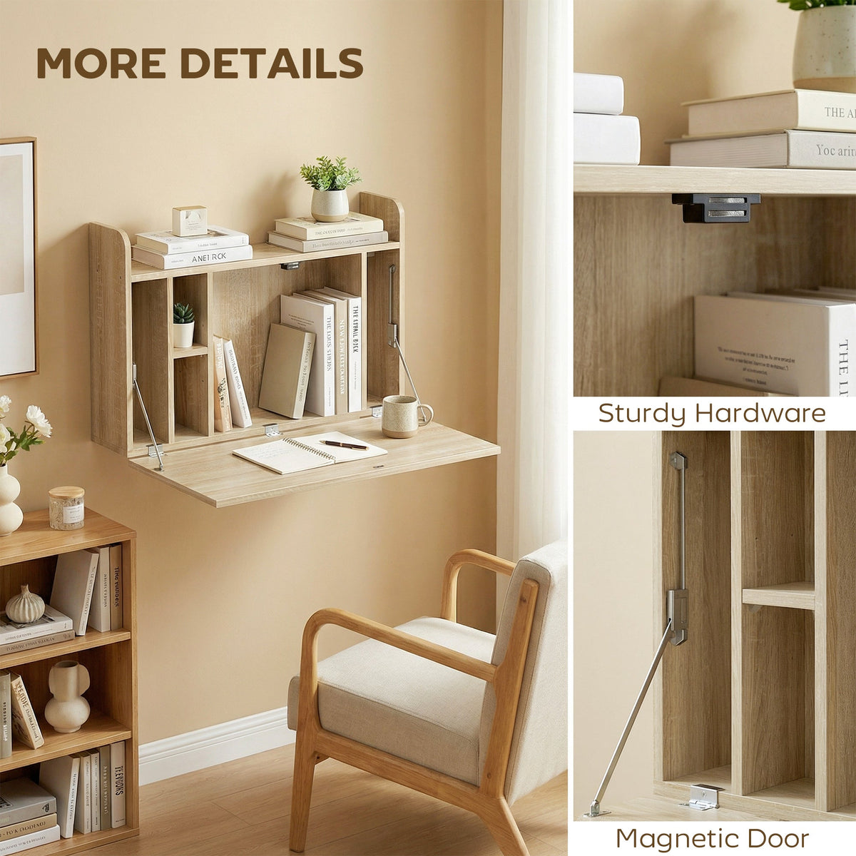 The office desk showing close-ups of the magnetic door mechanism and sturdy metal hardware