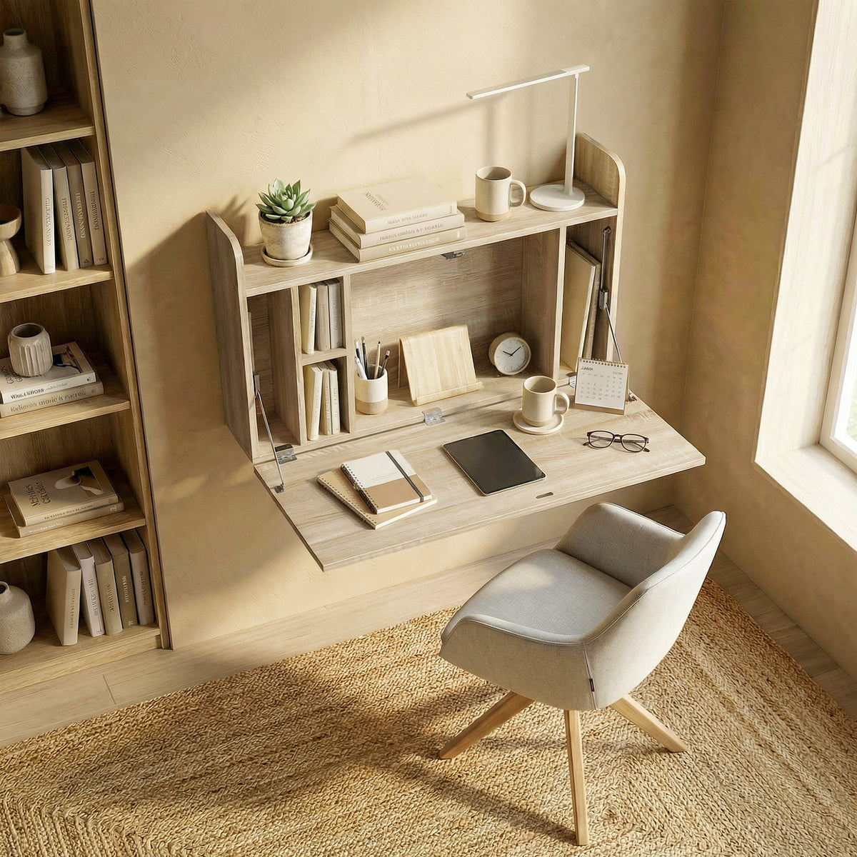 The office desk set up in a bright room with a chair and various stationery items