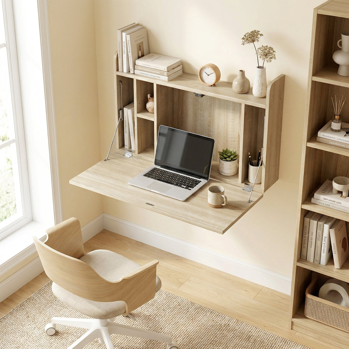 The office desk mounted on a wall with the drop leaf open and a laptop placed on the surface