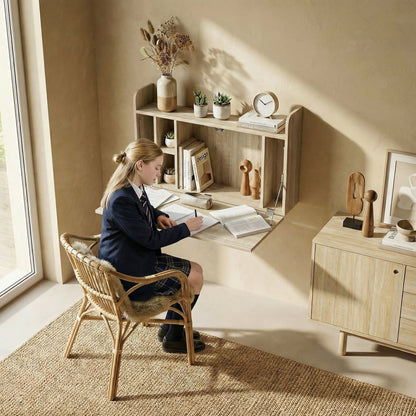 The office desk in use by a student sitting on a wicker chair in a home office setting