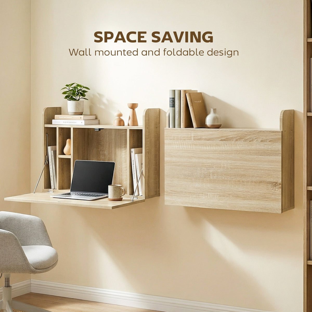The office desk displayed in both open and closed states to highlight the space saving design