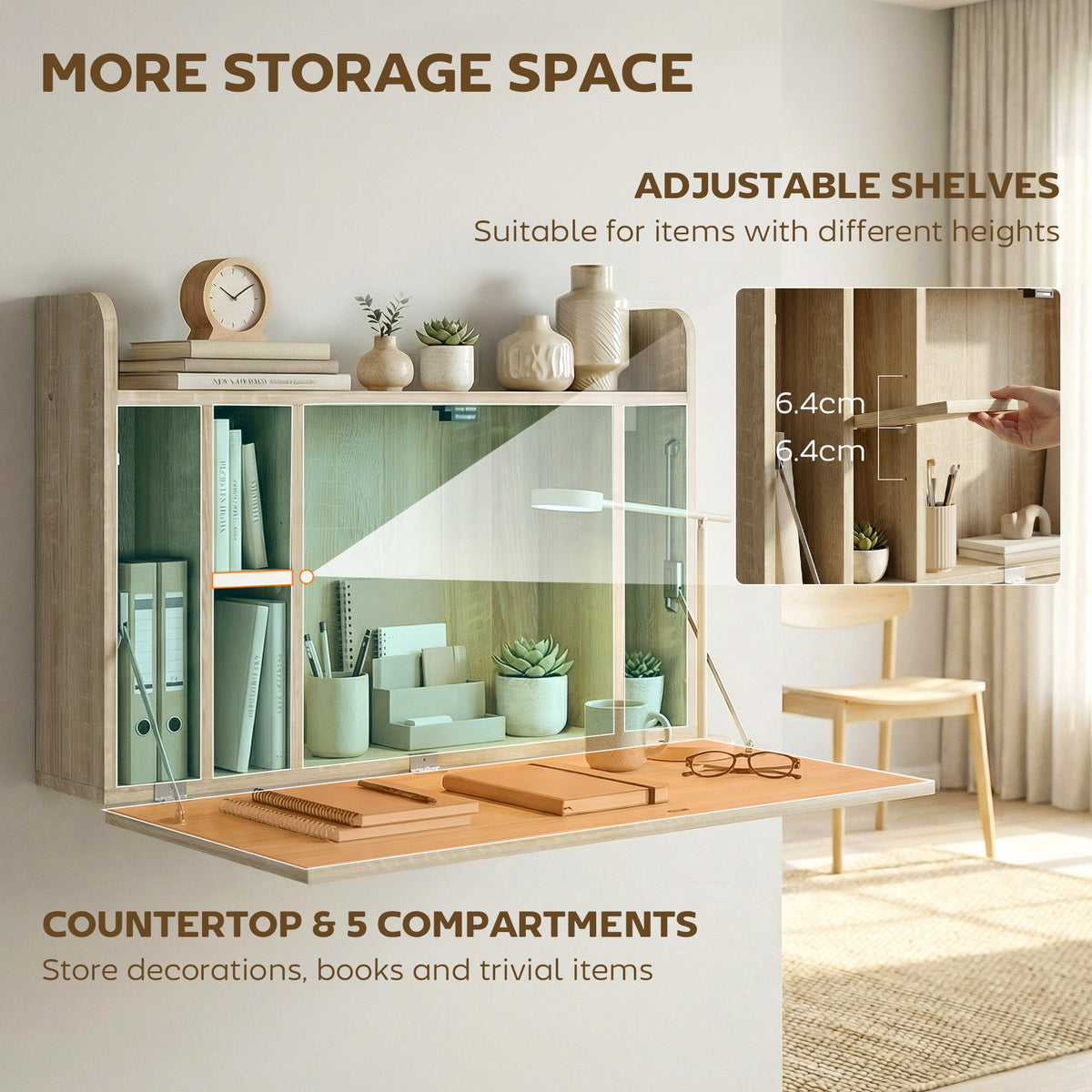 The office desk featuring adjustable internal shelves and multiple storage compartments