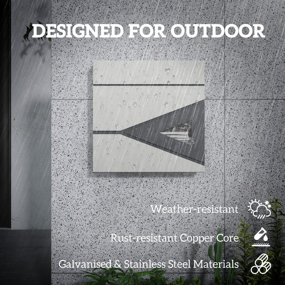 The post box mounted on a grey wall during rain to show its weather resistant properties