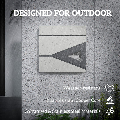 The post box mounted on a grey wall during rain to show its weather resistant properties