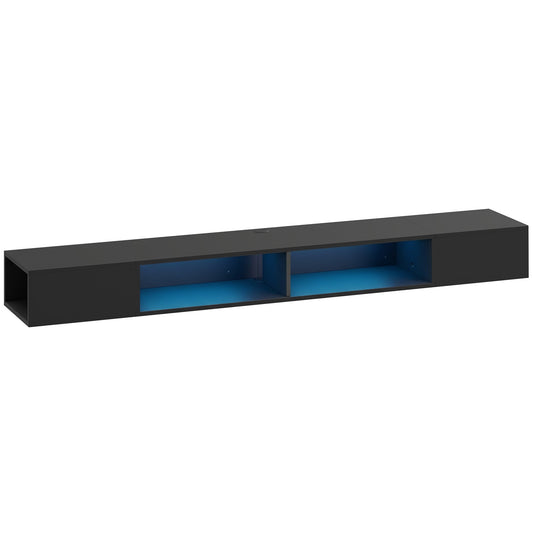HOMCOM Wall Mounted TV Stand with RGB LED Lights shown in black with blue interior lighting