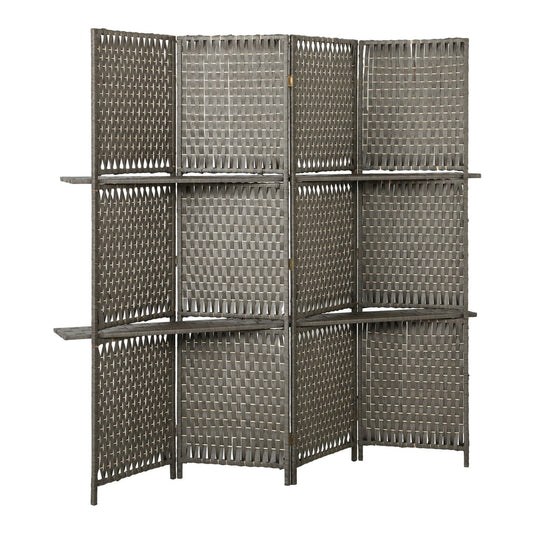 HOMCOM Wave Fibre Freestanding Folding Privacy Screen Panels, a grey folding room divider with shelves