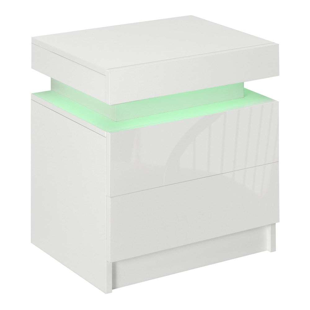 HOMCOM White Bedside Table with LED Light, a modern nightstand with a high gloss finish and two drawers