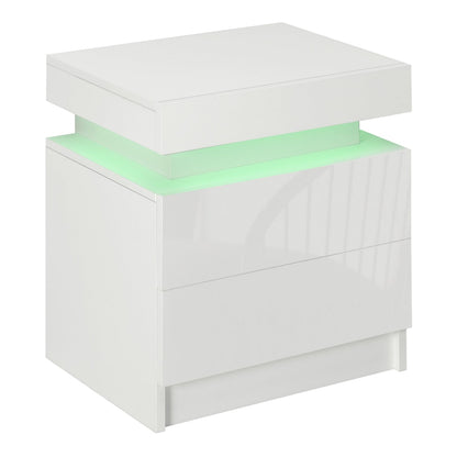 HOMCOM White Bedside Table with LED Light, a modern nightstand with a high gloss finish and two drawers