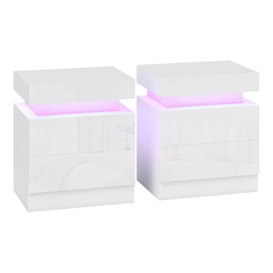 HOMCOM White Bedside Table with LED Light, a set of two white high gloss nightstands with illuminated tops