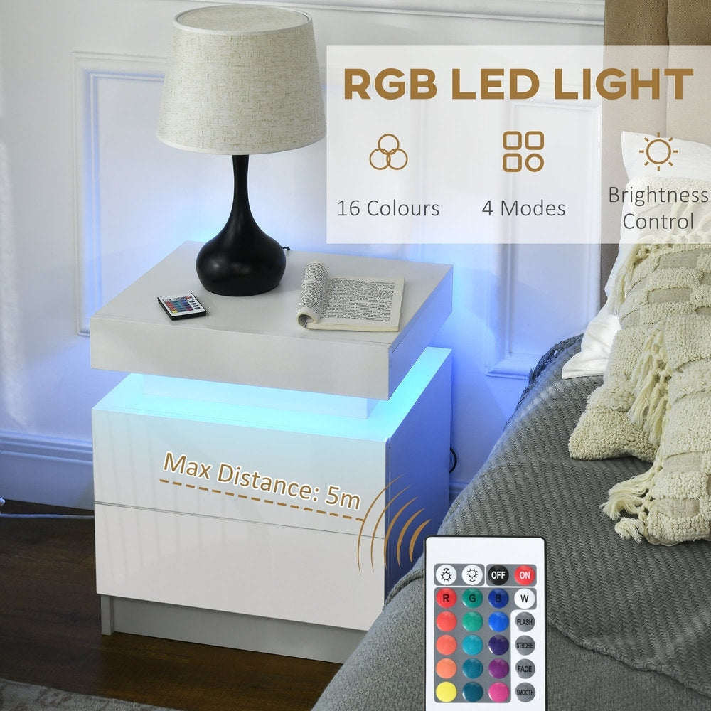 The white bedside table with LED light has a remote control for colour and mode selection