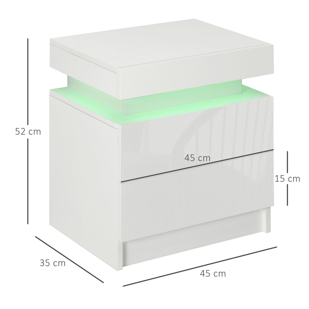 The white bedside table with LED light has dimensions shown for height, width and depth
