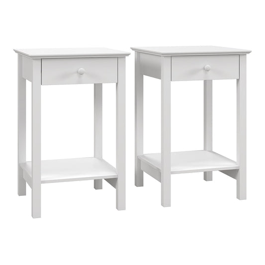 HOMCOM White Bedside Table, a set of two wooden side tables with a drawer and shelf