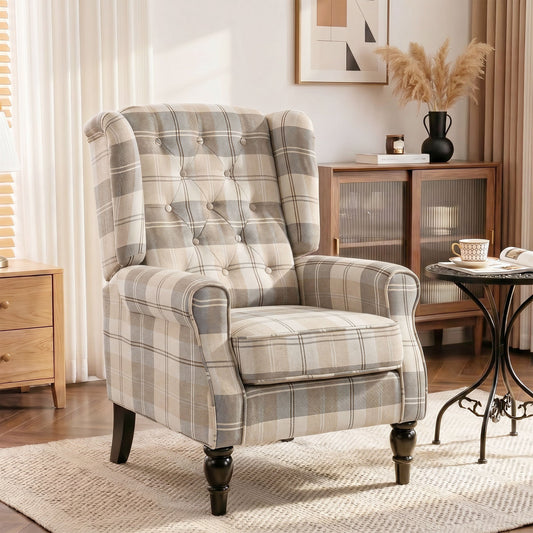 The armchair is shown in a stylish living room setting with a side table and decorative items