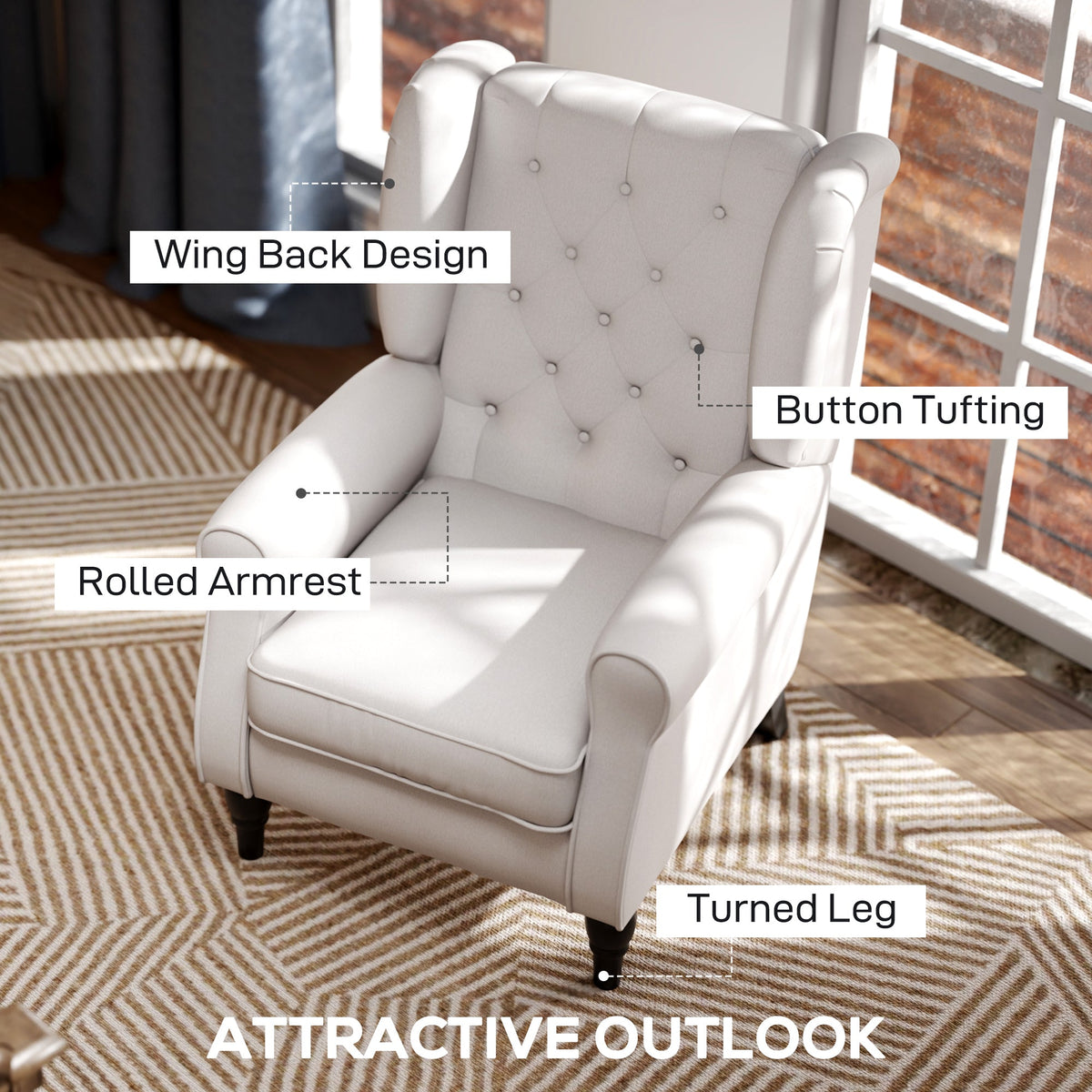 Close up of the cream white accent chair highlighting its wing back design and button tufting