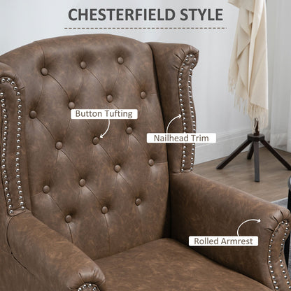 Close-up of the brown Chesterfield-style sofa showing button tufting and nailhead trim