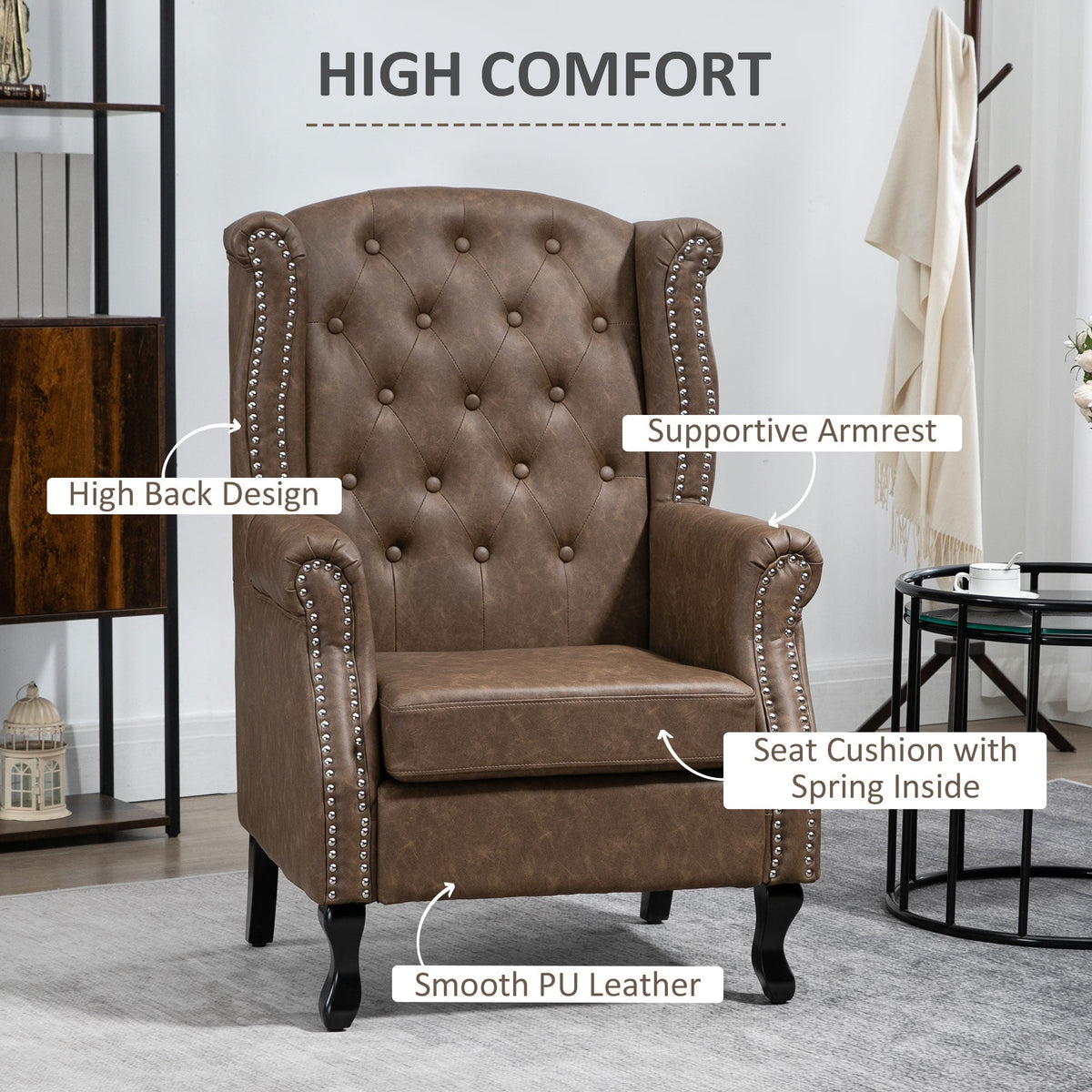 Brown tufted accent chair with features highlighted