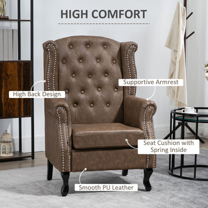 Brown tufted accent chair with features highlighted