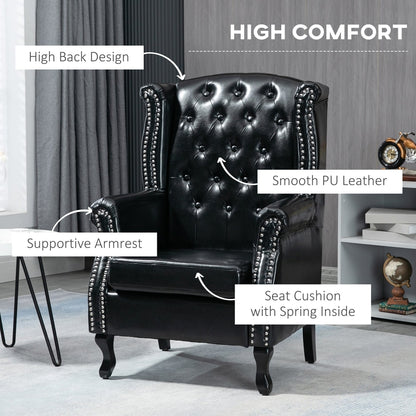 Close-up of the black wingback accent chair highlighting its high back, supportive armrest and seat cushion