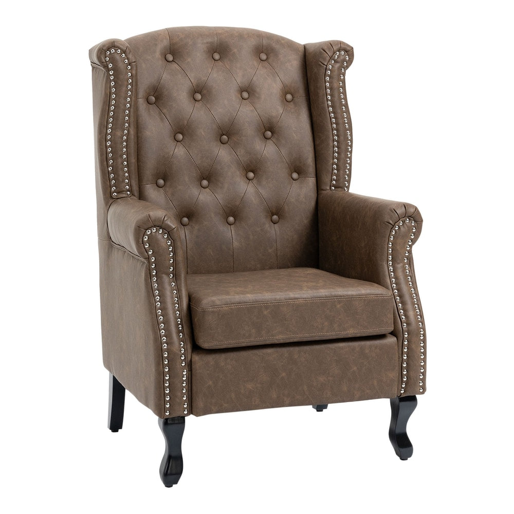 HOMCOM Wingback Accent Chair in brown faux leather with button tufting and nail head trim