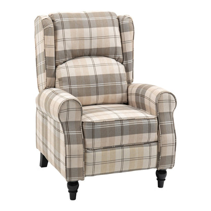 HOMCOM Wingback Recliner Armchair in a beige and brown tartan fabric with dark wooden legs