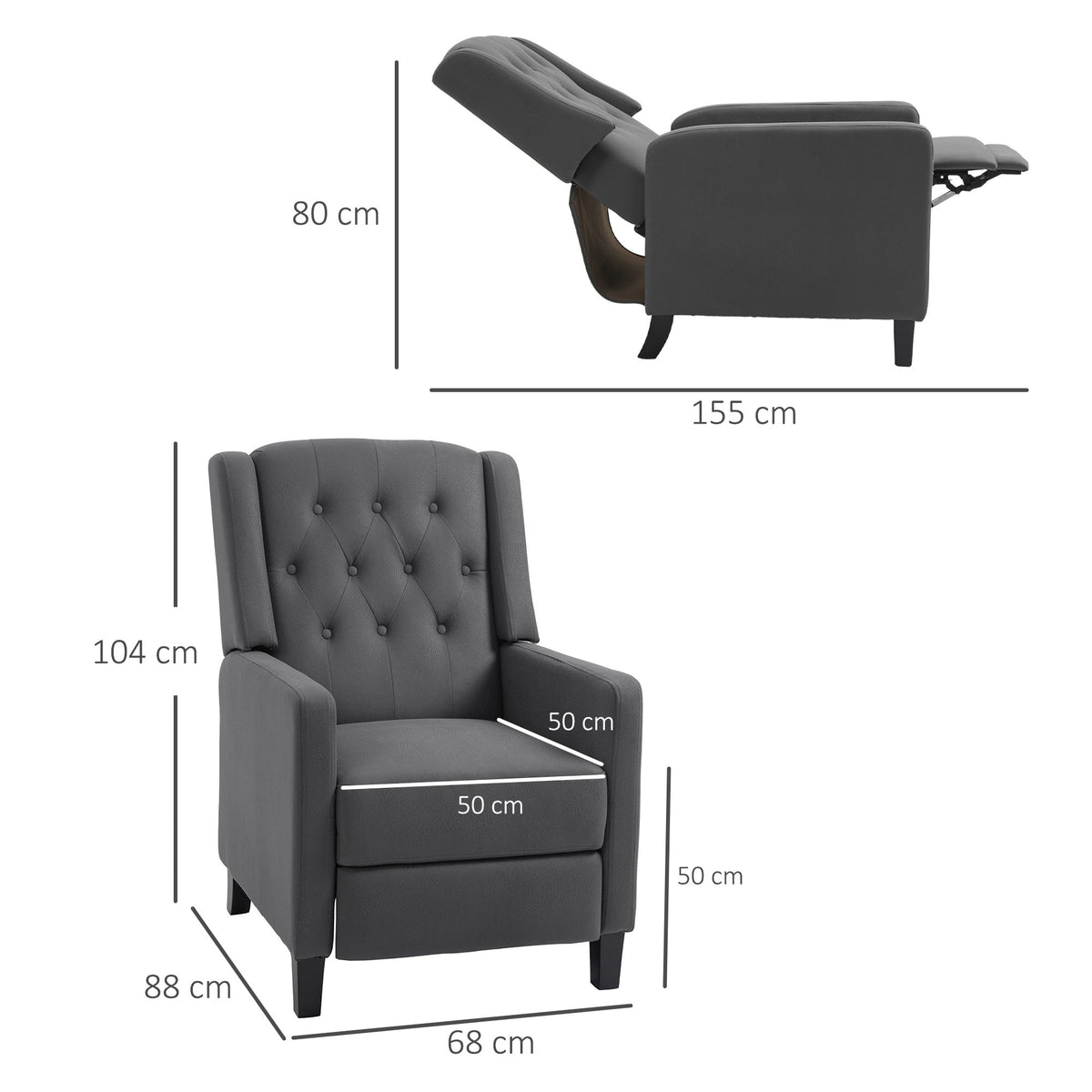 A diagram showing the dimensions of the deep grey recliner chair